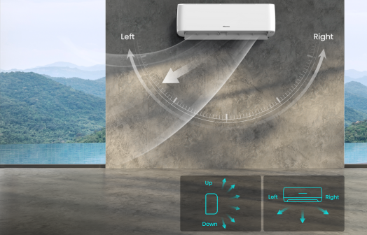 Klimatizace Hisense Comfort s 4D natáčením lamel pro rovnoměrnou distribuci chlazení horizontálně i vertikálně.